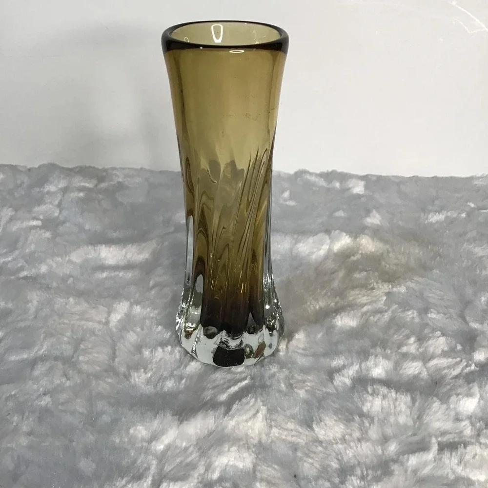 Signed Studio Art Glass Bud Vase Amber Brown Swirl Hand‎ Blown 6.5